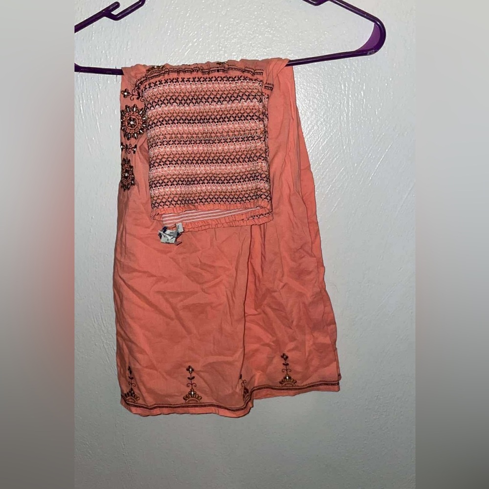 Coral Embroidered Strapless Dress